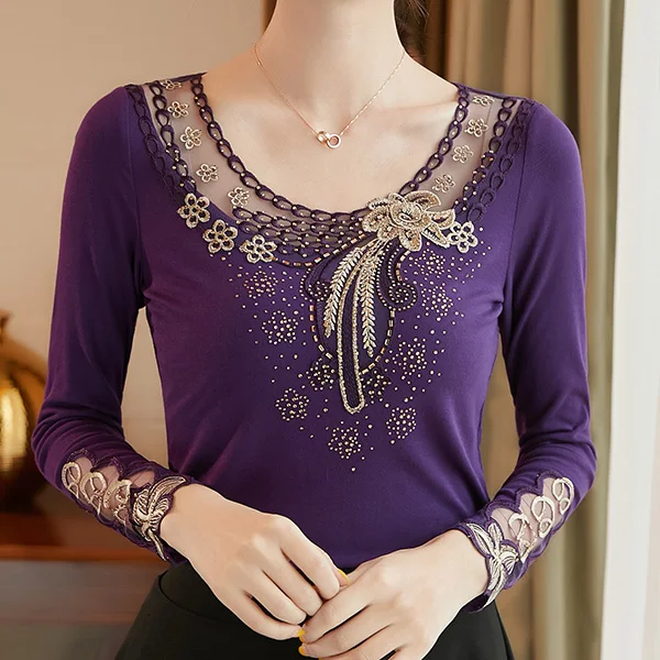 9147 Purple FGLAC Женская футболка Новинка осенние сетчатые топы с длинными рукавами Алмазная вышивка хорошая эластичность плюс размер женские Топы И Футболки - Цвет: 9147 Purple