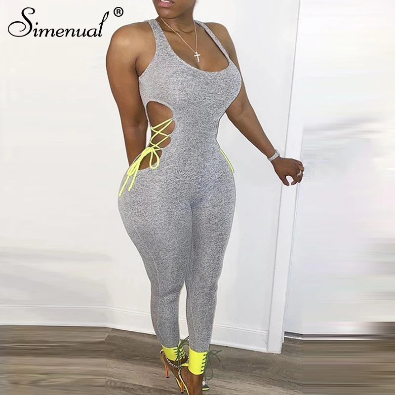 

Simenual Fitness Fashion Bodycon Rompers Womens Jumpsuit Sleeveless Casual Workout Active Wear Side Lace Up Jumpsuits Hollow Out