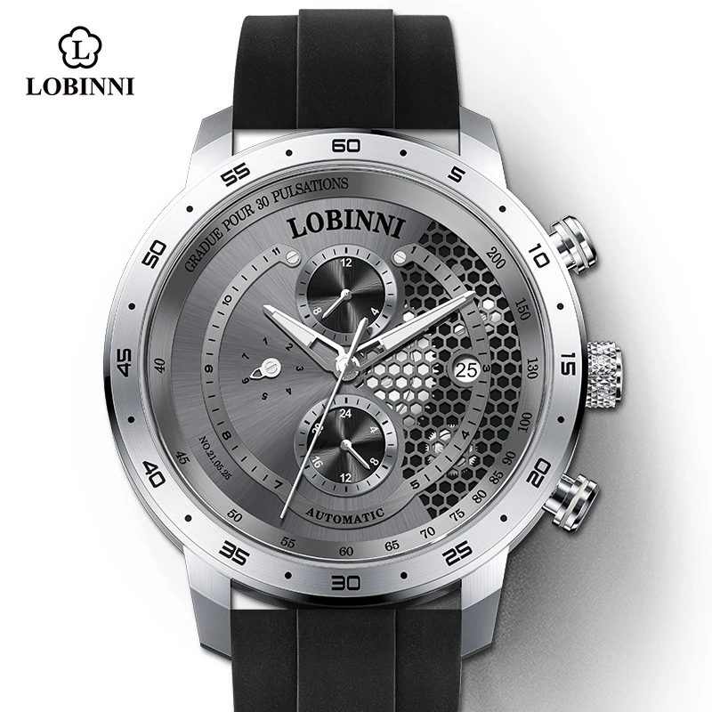 

LOBINNI New Sport Watches Self-wind Mechanical Automatic Watch Men 50M Waterproof Watch Rubber Strap Lumious Watch reloj hombre