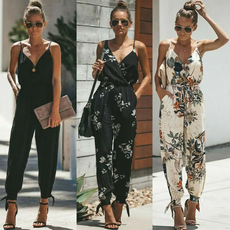 Hot Casual Women Sleeveless Loose Baggy Trousers Overalls Pants Solid Romper Jumpsuit Cotton Print Broadcloth Regular