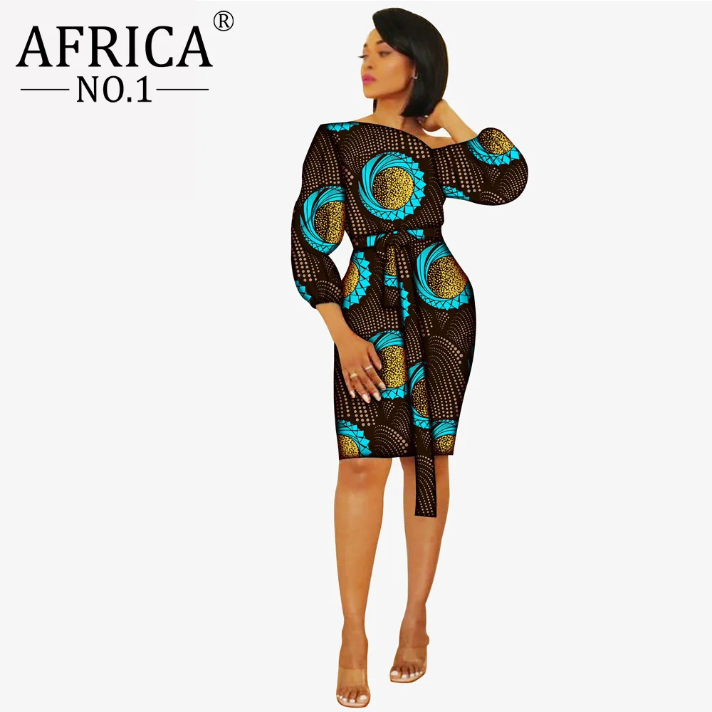 

African Style Dresses for Women Dashiki Print Bazin Riche Knee Length with Sashes Ankara Vestidos Sexy party dress S2025045