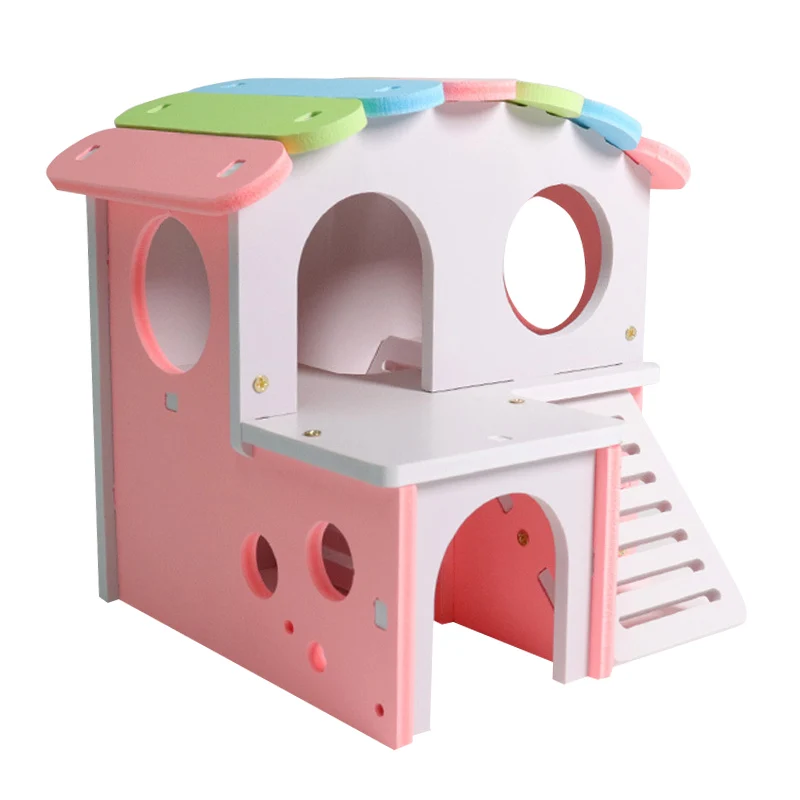 

Newest Environmental Wood Double Layer Hamster House Toys Ladder Hideout Colorful Top Villa