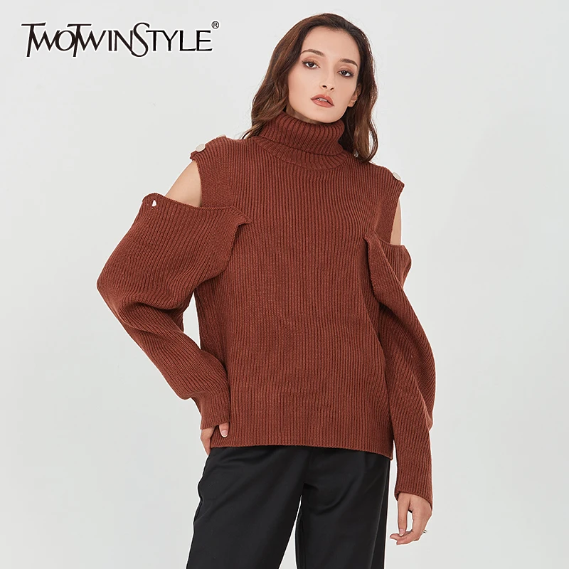 

TWOTWINSTYLE Casual Knitted Pullovers For Women Turtleneck Long Sleeve Hollow Out Solid Sweater Female 2020 Fall Fashion New