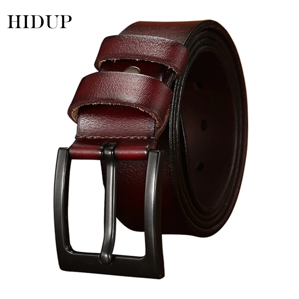 HIDUP Mens Retro Style Design Black Pin Buckles Metal Buckle Belts Genuine Leather Belt for Men 38mm Clothing Accessories NWJ659