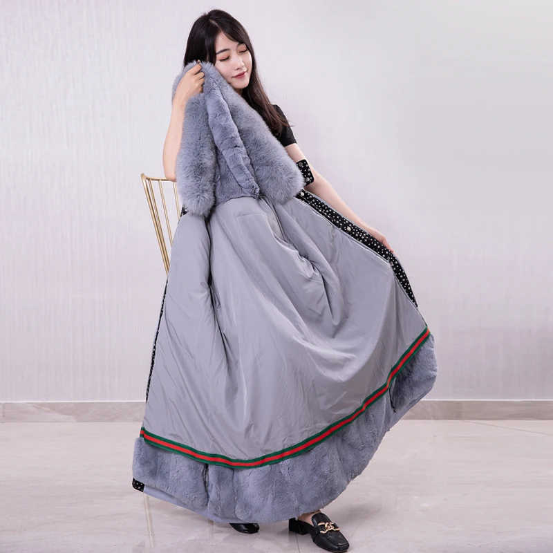 Blue Rabbit Tcyeek/зимнее пальто из натурального меха, Женская парка из натурального меха кролика Рекс, корейская Толстая теплая куртка, длинная куртка с капюшоном из лисьего меха, PK-9T - Цвет: Blue Rabbit