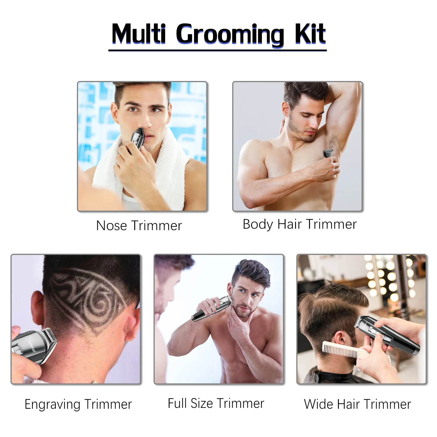 HATTEKER 5 in1 Professional Hair trimmer Electric Hair Cutting Machine Waterproof Hair clipper Beard trimer Men Body Haircut