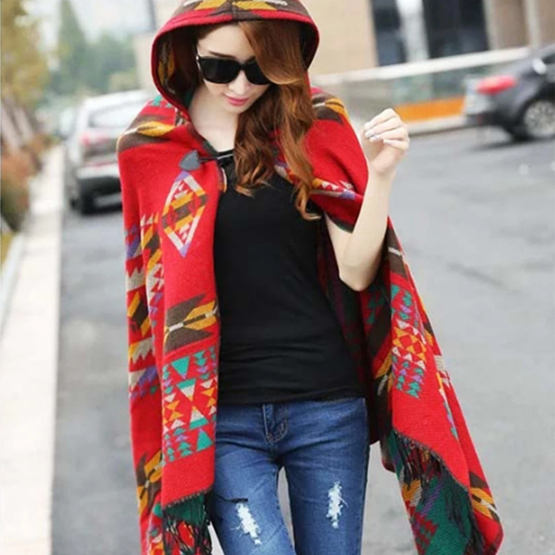 Модное женское зимнее пончо с этническим принтом, плащ с капюшоном, акрил, шерсть, шаль, шарф, женский свитер, бахрома, накидка с капюшоном# H913