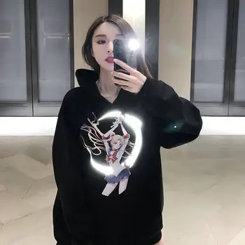 

Harajuku Japan Cartoon Reflective Print Hoodies Women Oversized Amine Sweatshirt Pullover Streetwear Sailor Moon Hoodie Girl
