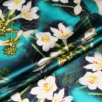 

Tuberose Print Green Real Silk Fabric Stretch Satin 93%Silk 7%Spandex Wide118cm