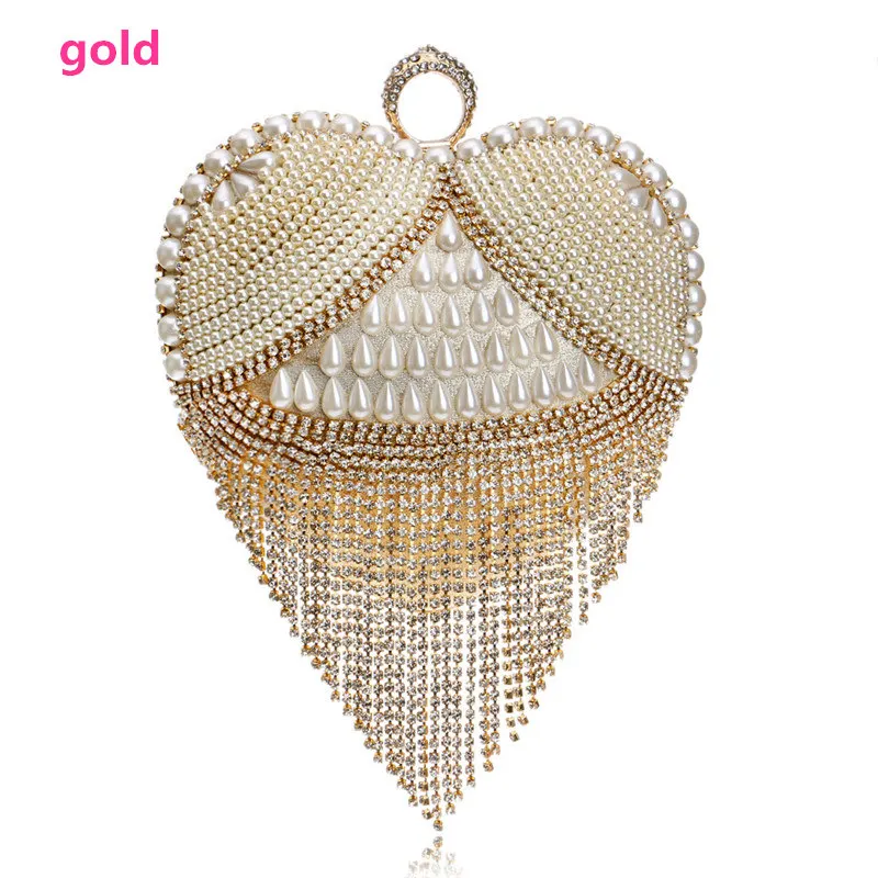 Sexy Lady Heart Tassel Rhinestones Women Evening Bags Pearl Handle Finger Ring Diamonds Small Clutches Party Nightclub Purse