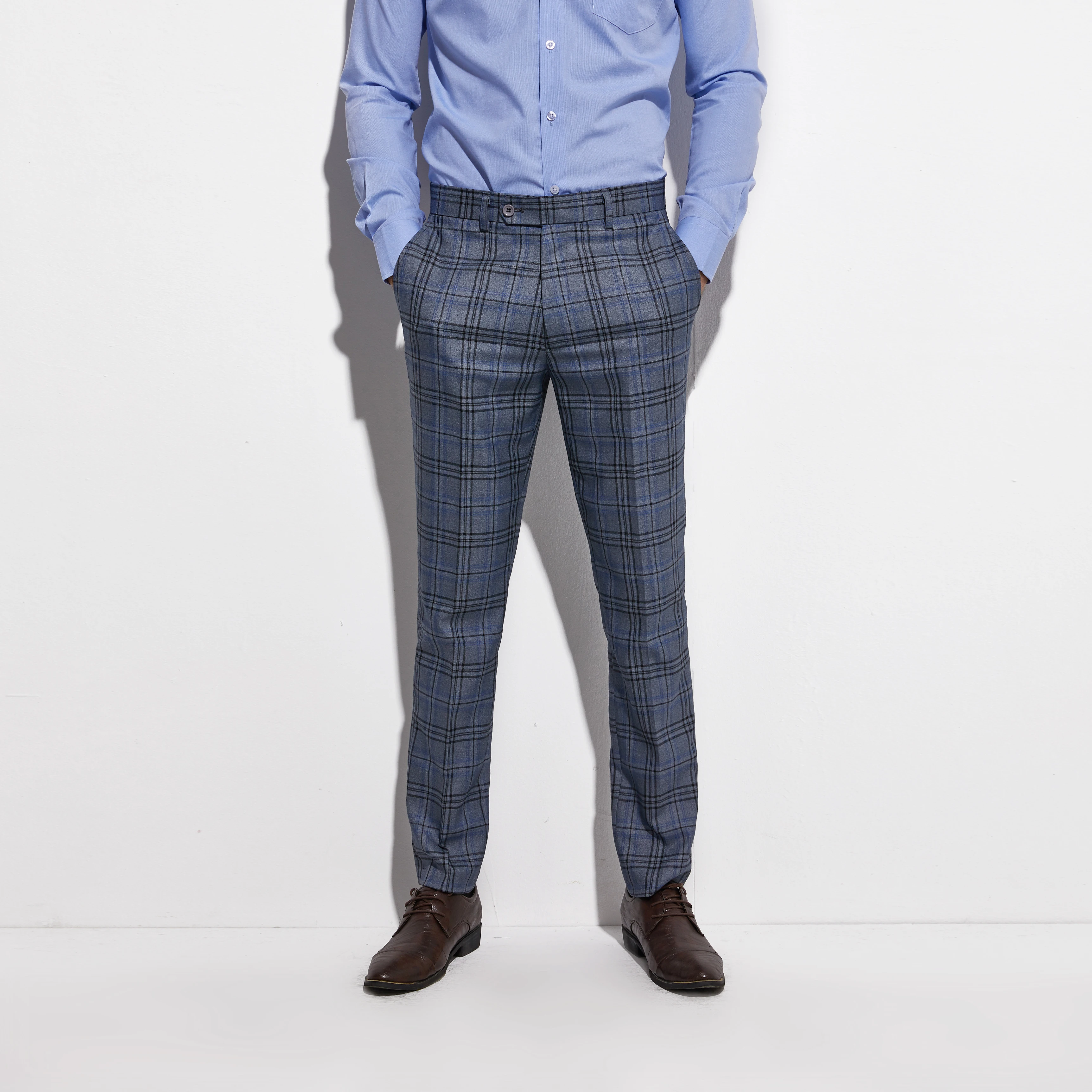 Costume Homme Slim Costumes Sur-mesure Tailor-made Suits Men Fashion Blue Gray Plaid Man Suit Custom Made Glen Plaid Suit Male