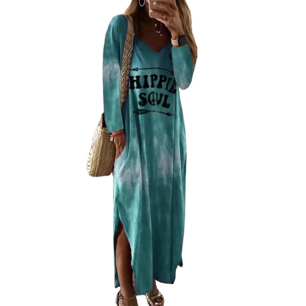Tie Dye длинное платье для женщин хиппи душа печати о-образным вырезом свободного покроя с длинным рукавом рубашка макси платья размера плюс сплит винтажное платье
