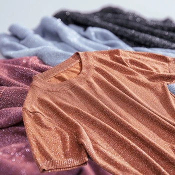 

Thin Bright Silk T-Shirt Female Knitted T Shirt Women Clothes Short Sleeve Summer Tops Elasticity Tee Shirt Femme Camisas Mujer