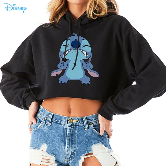 Disney Lilo Stitch Funny Print Hoodies Oversized Streetwear Fashion Cool  Black Drawstring Short Crop Hoodie Women Cat Ears Hood - AliExpress