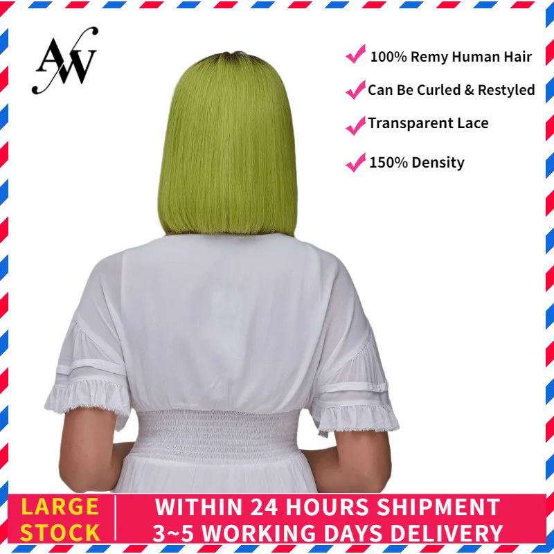 AW 12'' Lemon Green 150% Density Straight Bob Lace Front Wig Transparent Pre Plucked Hairline Half Lace Remy Hair Wig For Women photo