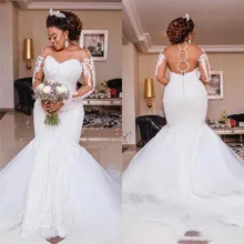 Свадебные платья с длинным рукавом размера плюс,, современное кружевное свадебное платье принцессы в африканском стиле со съемным шлейфом и аппликацией