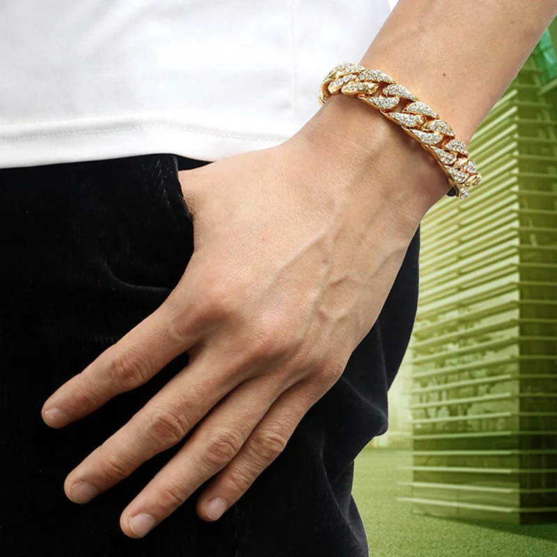14mm Cuban Bracelet For Men Gold Silver Color Hip Hop Rhinestones CZ Rapper Bracelet Jewelry