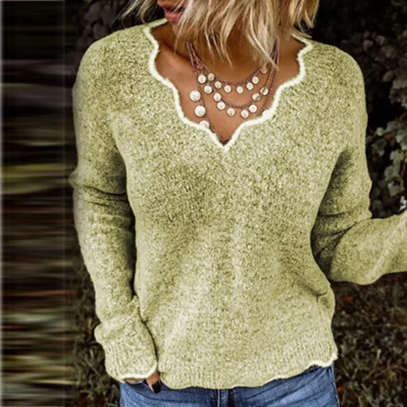 Женский вязаный свитер с длинным рукавом, Осень-зима, сексуальный теплый пуловер с v-образным вырезом, свитер, повседневный свободный однотонный топ, джемпер для женщин - Цвет: Light Green