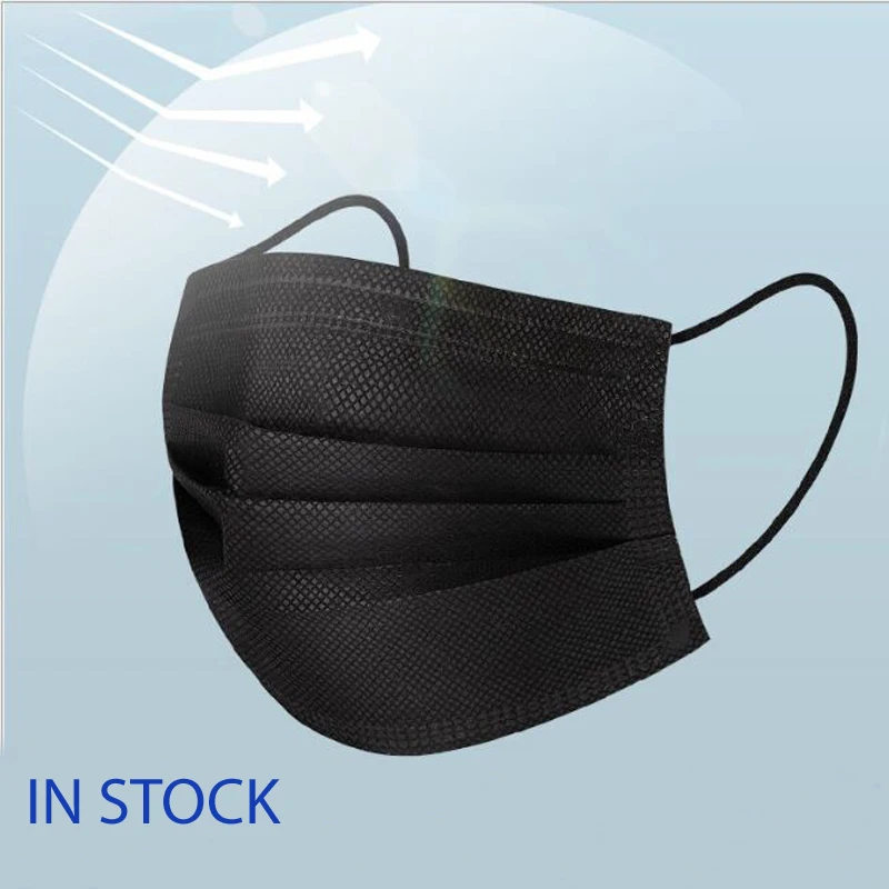 

50pcs Disposable Non-woven fabric Black Three Layers Dust Mask Protective Fungus Melt-blown Cloth Adult Face Mask GB-15979- 2002