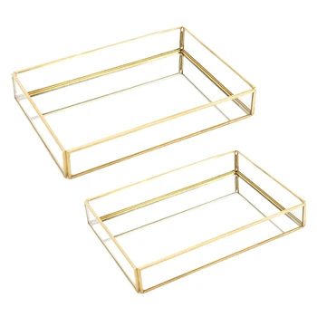 

Promotion! 2Pcs Nordic Retro Storage Tray Gold Rectangle Glass Makeup Organizer Tray Dessert Jewelry Display Home Kitchen Decor