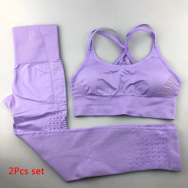 Violet2pcsset 2 шт. бесшовный комплект для йоги, женская одежда, спортивная одежда, женские леггинсы для спортзала, фитнеса, штаны с мягкими чашечками пуш-ап, спортивный бюстгальтер, спортивные костюмы - Цвет: Violet2pcsset