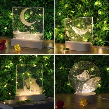 

Handmade 3D Acrylic Carving Wood LED Display Base Warm Night Lighted Base Crystal Art Glass DIY Carving Night Light Base