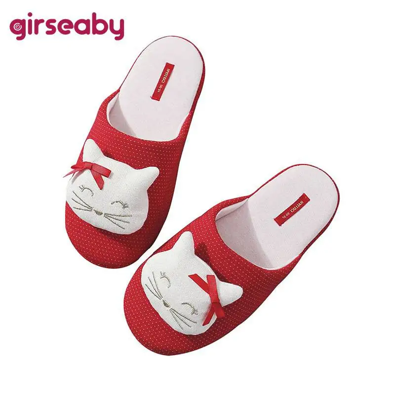 

Girseaby Shoes women Autumn Round toe Cotton shoes Cat Cartoon Red indoor home ladies footwear Pantoufle Size 39 F830