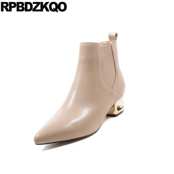 

brand fur genuine leather shoes metal heel boots autumn slip on women high winter block chelsea pointed toe ankle low chunky