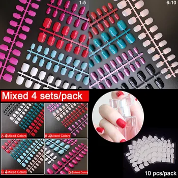 

4 Sets, 10 Sets Per Pack Short Square Press On False Nail Tips 24 pcs Per Set Nail Adhesive Tape Is Available