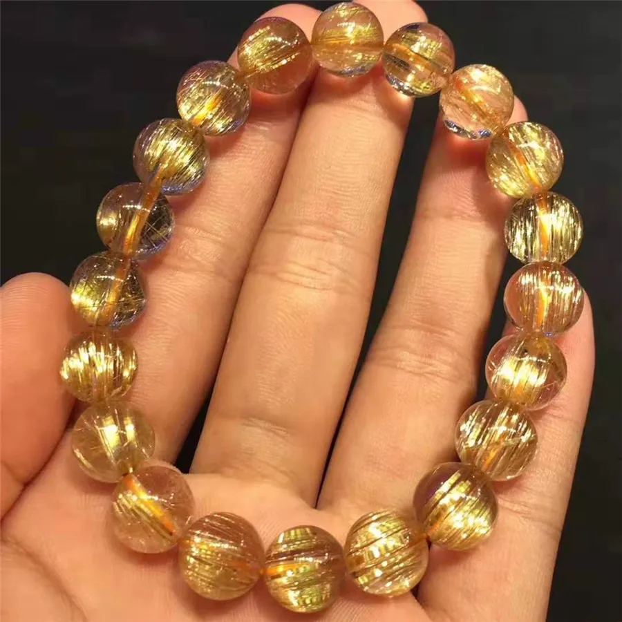 

9mm Genuine Natural Yellow Gold Hari Needle Round Bead Stretch Charm Bracelets For Women