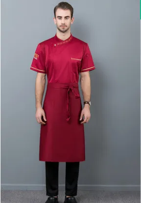Tops and aprons Шеф-повара Униформа Вышивка крутой короткий рукав шеф-повара куртка оптовый Пользовательский логотип Рабочие Рубашки еда обслуживание столовая кухонная униформа - Цвет: Tops and aprons