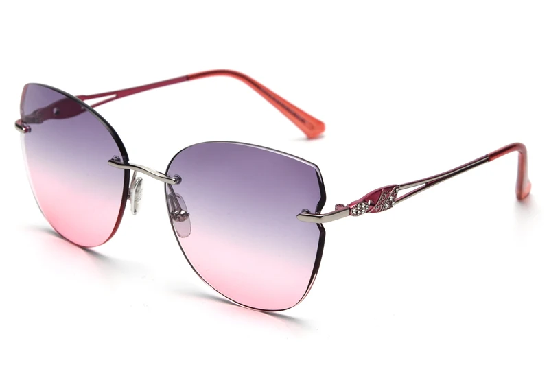 grey pink lens Kachawoo, женские солнцезащитные очки без оправы, кошачий глаз, металл, фиолетовый, розовый, стразы, оттенки, для девушек, градиентные линзы, высокое качество, подарки на год - Цвет линз: grey pink lens