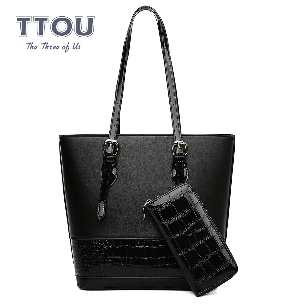 

TTOU Fashion Women 2 Pcs/set Patchwork Handbag Vintage Stone Pattern Luxury Glossy Shoulder Bags High Capacity DailyPurse Gifts