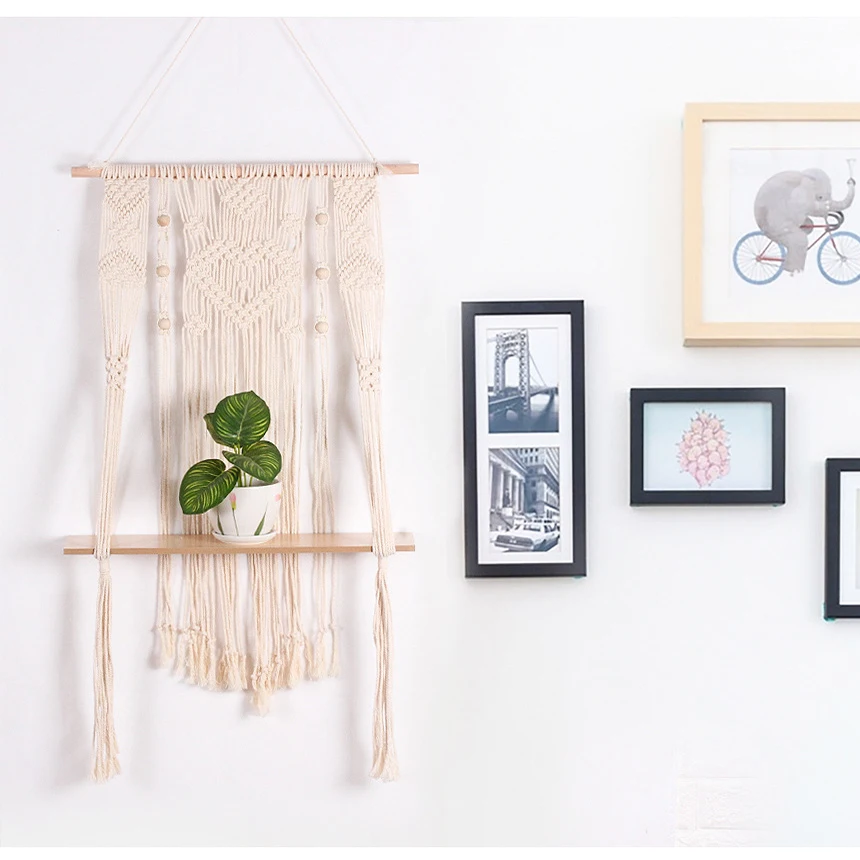 Деревянная двухслойная настенная полка Macrame, рамка для перегородок, декоративная корзина для растений, цветочная корзина, богемное украшение