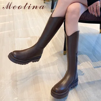 

Meotina Western Boots Women Platform High Heel Long Boots Round Toe Chunky Heels Knee High Boots Ladies Winter Brown Black 33-43