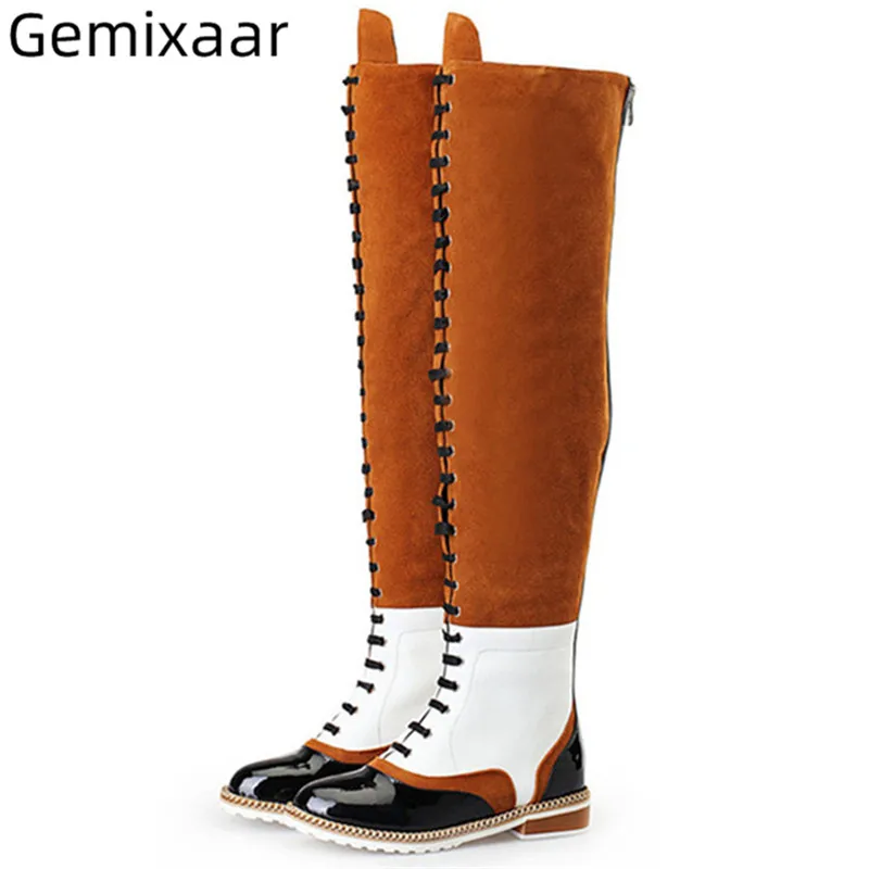 

Autumn Spring Knee-high Boots Woman Patchwork Corss Lace Up Riding Ladies Bottes Round Toe Genuine Leather Walking Boots Woman