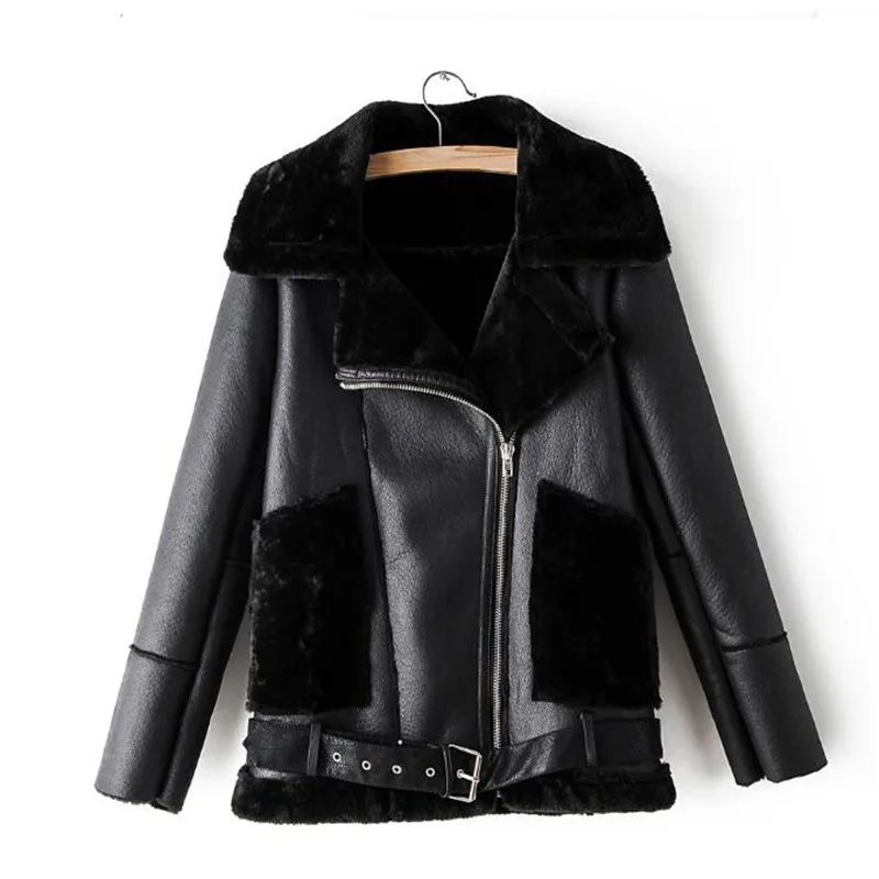 Зима, повседневные женские Куртки из искусственной кожи с поясом на молнии, уличная Байкерская мотоциклетная куртка с большим меховым карманом, пальто для девочек - Цвет: Черный