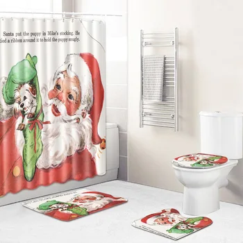 

Christmas Shower Curtain Mat Combination Four-Piece Set Bathroom Toilet Carpet Shower Room Mat Mat Cross-Border Hair
