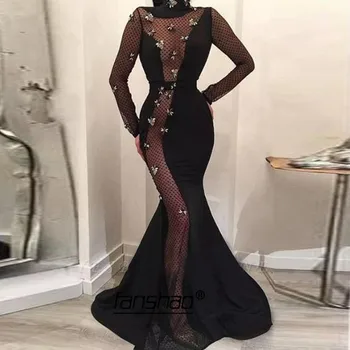 

Black Evening Dress Lace Slit See Through Full Sleeve Crystal Bead Islamic Dubai Saudi Arabic Long Prom Evening Gown Prom Dress