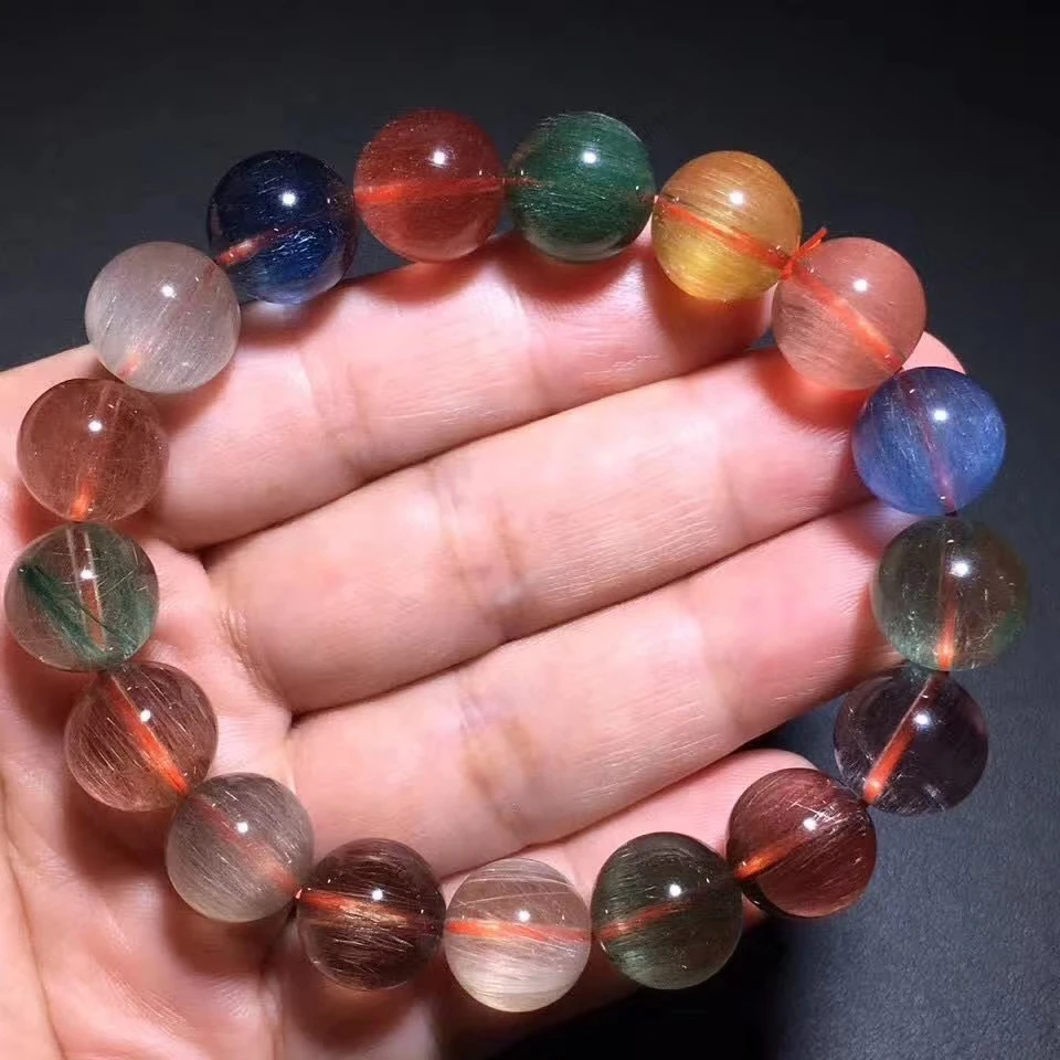 

Certificate Natural Colorful Rutilated Quartz Copper Gold Red Green Cat Eye Bracelet 12mm Women Men Clear Round Beads AAAAA
