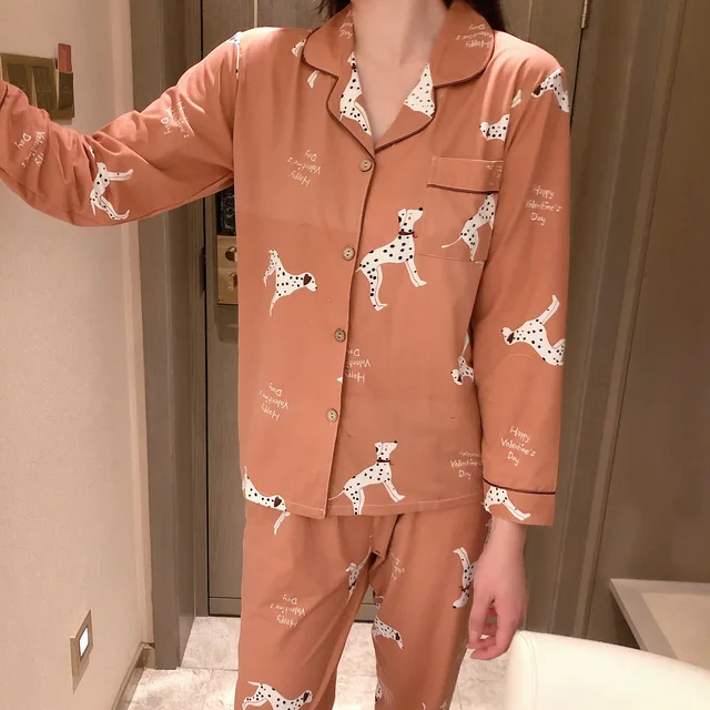 CAIYIER Autumn Winter New Sleepwear Set Women Turn-down Collar Pajamas Cute Cartoon Pattern Button Top+Pants Leisure Home Wear 908-21