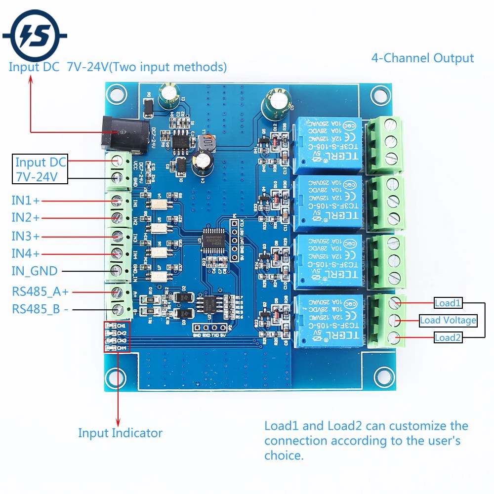 DC 7V-24V 4 Channel Relay Control Switch RS485/TTL UART Module Modbus RTU 