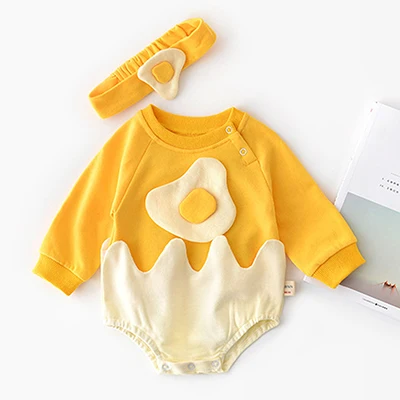 93028 yellow Осенний хлопковый комбинезон с длинными рукавами и рисунком яйца для маленьких девочек+ повязка на голову, комбинезоны, одежда для маленьких девочек - Цвет: 93028 yellow
