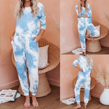 

Casual Long-sleeved Round Neck T-shirt Lace-up Trousers Sleepwear Two-piece Women's Tie-dye Printed Loose Pajamas Pijama Mujer