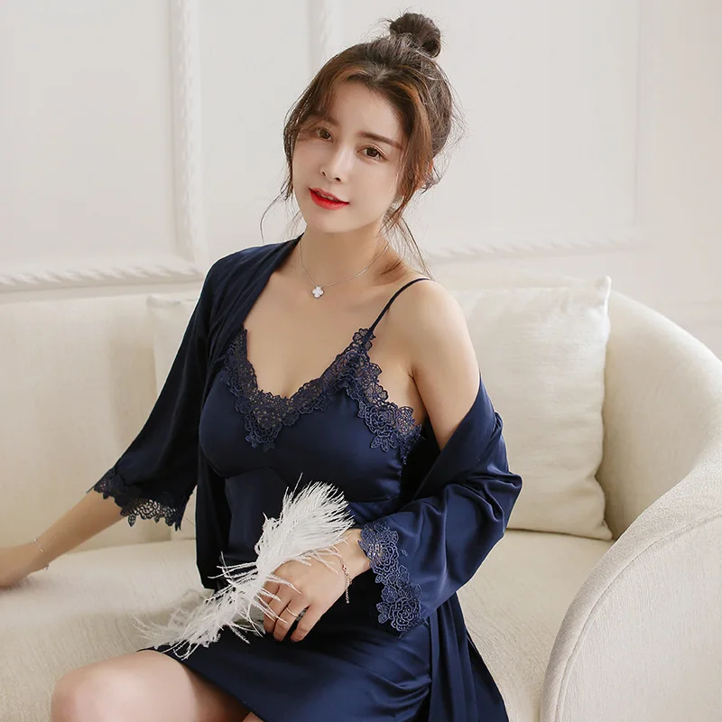 navy blue 2 FZSLCYIYI, летняя новинка, атласная пижама для влюбленных, комплект одежды для сна из 2 предметов, рубашка и штаны, домашняя одежда для пар, повседневная одежда для сна, M-3XL - Цвет: navy blue 2