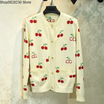

2020 Early Cherry Cardigan Sweater Outside Sweet Student Round Neck Jacquard Knitting Shirt Coat Female