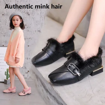 

Girls Flat Shoes 2019 Fashion Winter Warm Kids Authentic mink hair Pu Princess Square Head Shoes Children's Shoe Toddler Girl