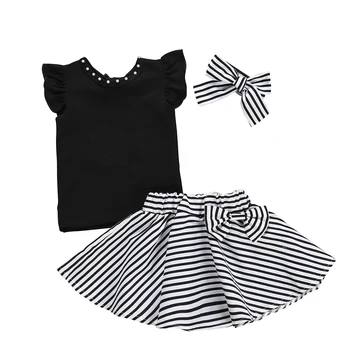 

Solid Baby Summer Clothing Toddler Girls Ruffles Sleeve Beads T-shirt Tops+striped Skirts+headband 3pcs Outfits Sets 1-6 Years