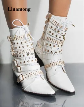 

Newest Women Pointed Square Toe Gold Rivet Low Thick Heel Short Boots Spike Buckles Straps Ankle Booties Motorcycle Boots