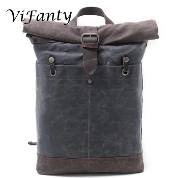 

Vifanty Roll Top Waxed Canvas Leather Daypack, Cowhide Leather Weekend Travel Hiking Rucksack